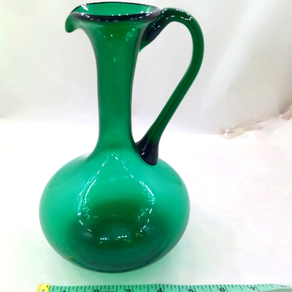 Vintage Hand Blown Green Glass Pitcher